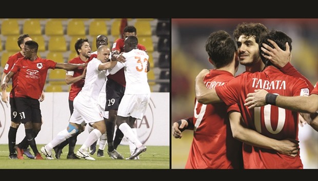 Al Rayyan and Umm Salal players were involved in a brawl that resulted in straight red cards for three players. At right Al Rayyan players celebrate after Garcia scored the only goal of the match.