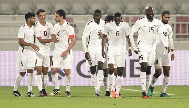 El Jaish striker Sardor Rashidov (second left) celebrates after scoring what turned out to the winner against Al Arabi. PICS: Noushad Thekkayil & Anas Khalid