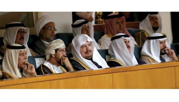 Qataru2019s Speaker of the Advisory Council HE Ahmed bin Abdullah bin Zaid al-Mahmoud (left) is seen during the parliament session in Kuwait City, yesterday, on the sidelines of the Gulf Co-operation Council (GCC) meetings.