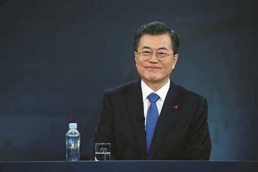 South Korean President Moon Jae-in attends his New Year news conference at the Presidential Blue House in Seoul, South Korea, yesterday.