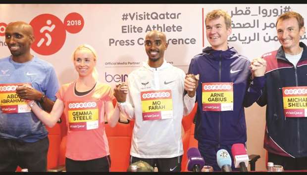 (From left) Elite athletes Abdi Abirahman, Gemma Steele, Mo Farah, Arne Gabius and Michael Shelley at the press conference for Ooredoo Doha Marathon yesterday. PICTURE: Ram Chand