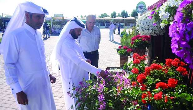 Department of Agricultural Affairs director Khalid Yousef al-Khulaifi and agricultural yards general supervisor Abdul Rahman al-Sulaiti tour the flower market at Al Mazrouah yard. PICTURES: Shemeer Rasheed.