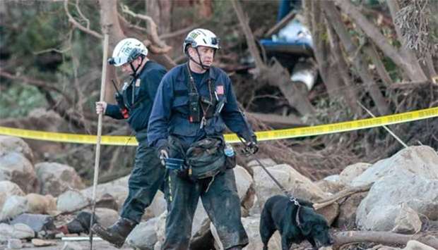 Search and rescue workers and a dog scour through properties after a mudslide in Montecito, California.