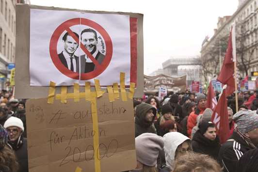 Protesters hold up a sign u2013 with the crossed-out Chancellor Kurz (left) and Heinz-Christian Strache of the FPOe u2013 during a demonstration against the current Austrian government in Vienna.
