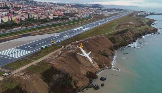 A Pegasus Airlines Boing 737 passenger plane is seen struck in mud on an embankment, a day after skidding off the airstrip, after landing at Trabzon's airport on the Black Sea coast