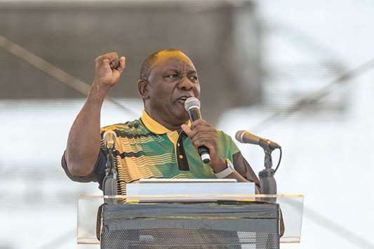 ANC president Cyril Ramaphosa addresses supporters at the partyu2019s 106th anniversary celebrations at Absa Stadium in East London, South Africa on Saturday. Ramaphosa said on the campaign trail that heu2019s targeting a 3% expansion of the economy.