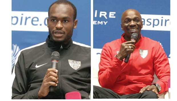 Qatar defender Abdelkarim Hassan (L) and  KAS Eupen coach Claude Makelele speaking to journalists yesterday.