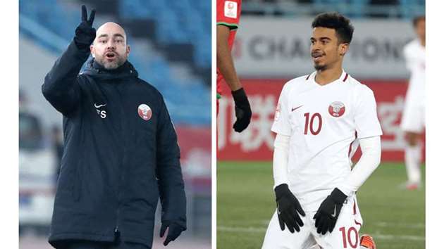 Qatar coach Felix Sanchez and star forward Akram Afif, who will be a key player in todayu2019s match against China.