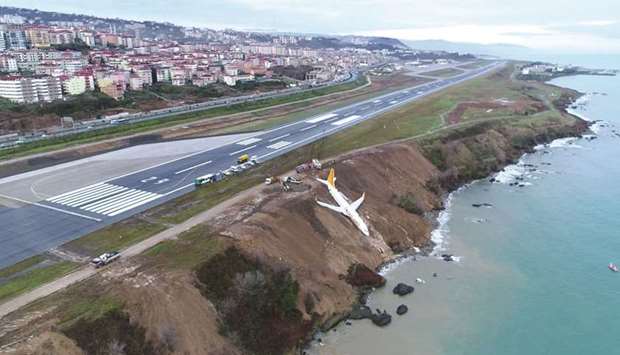 The Pegasus Airlines aircraft is seen after it skidded off the runway at Trabzon airport by the Black Sea.