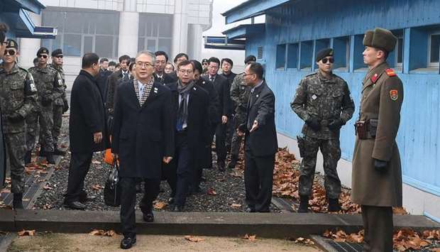 South Korea's chief delegate Lee Woo-Sung (front L), a senior official at Seoul's Culture Ministry, and his delegation crossing the border line to attend inter-Korea talks on the North's side of the border at the truce village of Panmunjom in the Demilitarized Zone (DMZ) dividing the two Koreas.