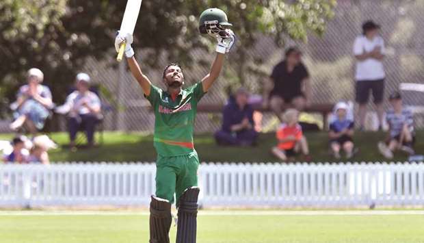 Tawhid Hridoy celebrates after scoring a century against Canada during their ICC Under-19 World Cup match yesterday.