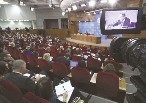 Journalists at the annual news conference of Foreign Minister Lavrov in Moscow.