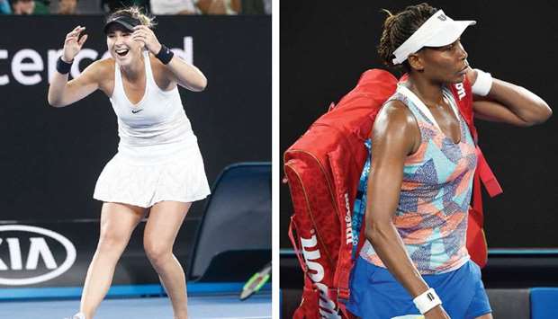 Belinda Bencic of Switzerland celebrates after winning her first round Australian Open match against Venus Williams (right) yesterday. (Reuters)