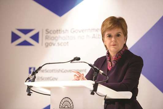 Scotlandu2019s First Minister Nicola Sturgeon speaks at the launch of an analysis paper on Scotlandu2019s future relationship with Europe, at the University of Edinburgh, Scotland, yesterday.