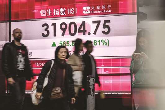 Pedestrians walk past a stocks display board after the Hang Seng Index leapt 1.81%, or 565.88 points, to close at 31,904.75 in Hong Kong yesterday.