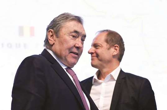 Former Belgian cycling champion Eddy Merckx (left) with Tour de France director Christian Prudhomme during the presentation of the Grand Depart of the 2019 Tour de France cycling race in Brussels, Belgium, yesterday. (Reuters)