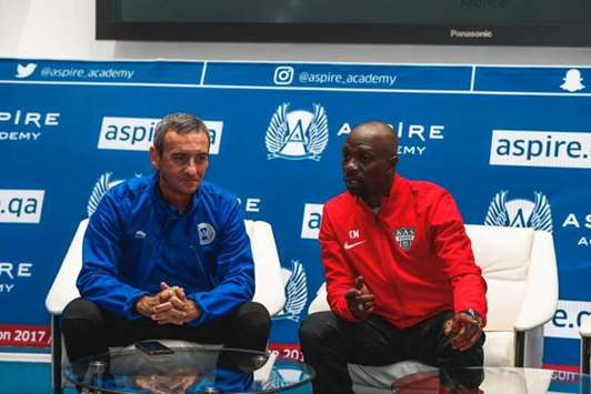 KAS Eupen coach Claude Maku00e9lu00e9lu00e9 (right) took part in a joint session with Aspire Academy coaches.