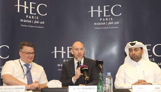 (From left) Dr Wolfgang Amann, Dr Nils Plambeck, and Omran Yousef MH al-Sherawi announcing details of the new programme yesterday in Doha.