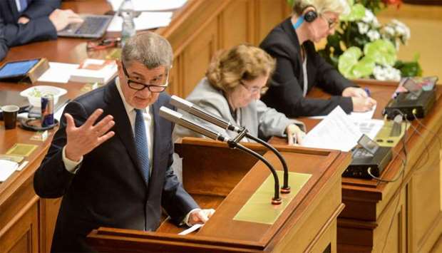 Czech Prime Minister Andrej Babis delivers his speech during a parliamentary session of the Czech Pa
