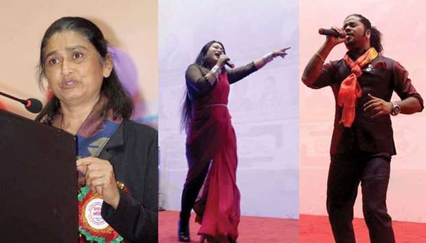 CHIEF GUEST: Binda Pandey making a speech; MELODIOUS: Tara Shreesh enthrals the audience; FOLK: Folk singer Puskal Sharma in action.