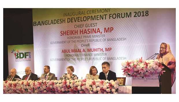 Prime Minister Sheikh Hasina inaugurating the two-day meeting of the Bangladesh Development Forum in Dhaka yesterday.