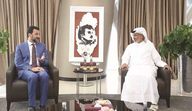 President of the Qatar Football Association Sheikh Hamad Bin Khalifa Bin Ahmed al-Thani with Iraqi Minister of Youth and Sports Abdulhussein Abtan (left).