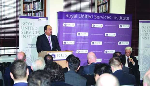 HE the Deputy Prime Minister and Minister of State for Defence Affairs Dr Khalid bin Mohamed al-Attiyah speaking to an audience at the Royal United Services Institute in London on Wednesday.