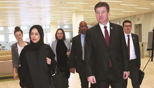 The President of the 72nd Session of the UN General Assembly, Miroslav Lajcak, tours QFu2019s Education City yesterday, accompanied by HE Sheikha Alya bint Ahmed al-Thani, the Permanent Representative of Qatar to the UN.