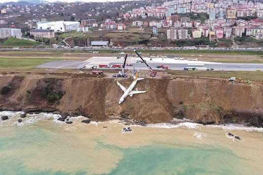 A photo made available yesterday by the Dogan New Agency shows the passenger plane that was stuck in mud on an embankment, five days after skidding off the airstrip, lifted by cranes.