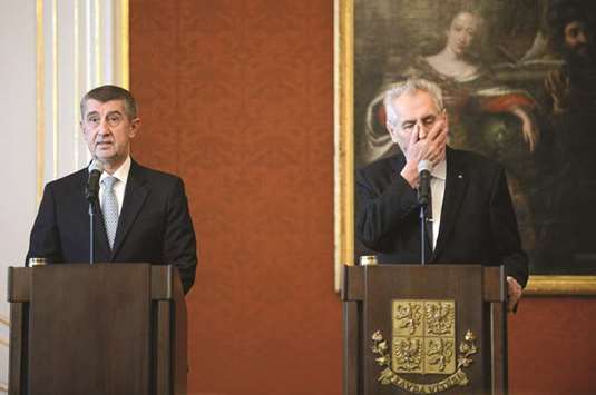 UNEASY ALLIES: This file photo taken on December 13, 2017 shows Babis (left) and Zeman at a press conference at the Hradcany Castle in Prague.
