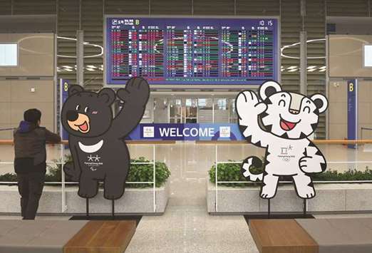 The mascots of the 2018 PyeongChang Winter Olympics are set at the arrival gate of Terminal 2 of Incheon International Airport, west of Seoul.