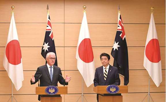 Australian Prime Minister Malcolm Turnbull (left) speaks during a joint press conference with Japanu2019s Prime Minister Shinzo Abe after their meeting at Abeu2019s official residence in Tokyo yesterday.