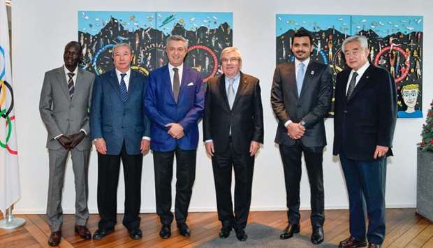 Yiech Pur Biel (left) with Qatar Olympic Committee president HE Sheikh Joaan bin Hamad al-Thani (second right) and other dignitaries at the inaugural board meeting of the Olympic Refuge Foundation in Lausanne, Switzerland.