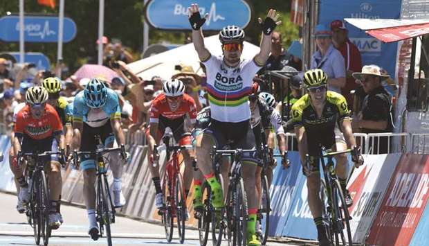 Bora Hansgrohe rider Peter Sagan (2nd-R) wins the stage on the fourth day of the Tour Down Under cycling race in Adelaide  yesterday.