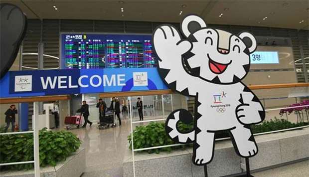 The mascot of the 2018 PyeongChang Winter Olympics is set at the arrival gate of Terminal 2 of Incheon International Airport, west of Seoul, on Friday.