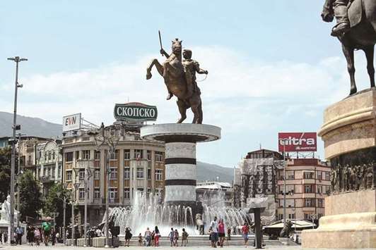 A picture taken on July 23, 2012 shows a bronze statue of Alexander the Great, officially named u2018Warrior on a Horseu2019, in Skopjeu2019s central Macedonia Square.