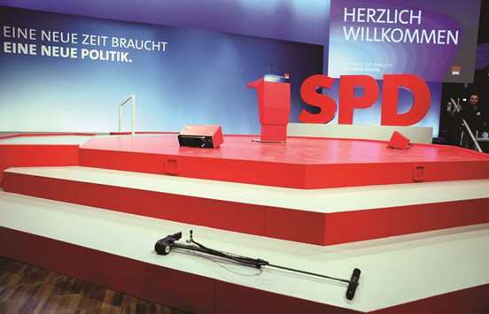 A picture taken yesterday shows the stage at the World Conference Centre in the western city of Bonn, a day before an extraordinary congress of the Social Democratic Party (SPD).