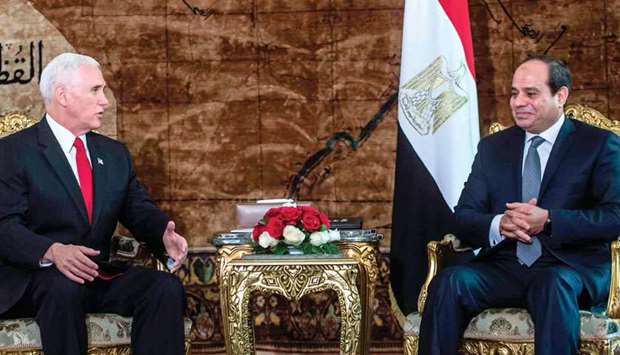 Egyptian President Abdel Fattah al-Sisi meets with US Vice President Mike Pence at the Presidential Palace in the capital Cairo, yesterday.