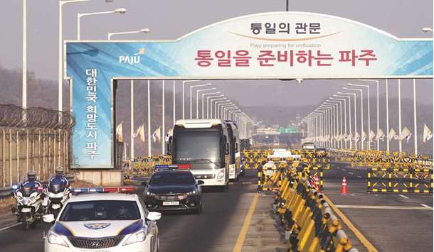 A bus transporting a North Korean team which will inspect an art venue for the 2018 PyeongChang Winter Olympics arrives on the Grand Unification Bridge near the demilitarised zone separating the two Koreas in Paju, South Korea.
