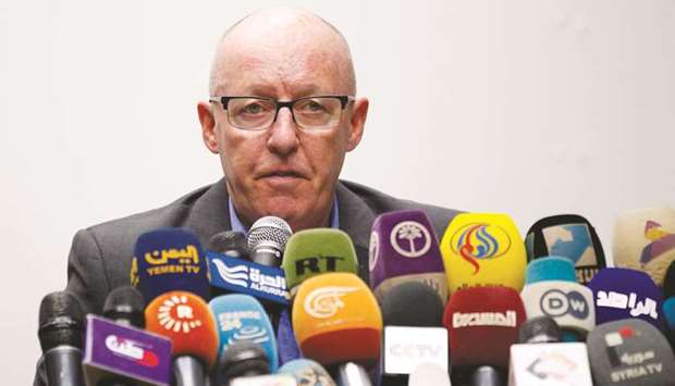 United Nations Humanitarian Co-ordinator in Yemen Jamie McGoldrick gives a press conference in the capital Sanaa, yesterday.