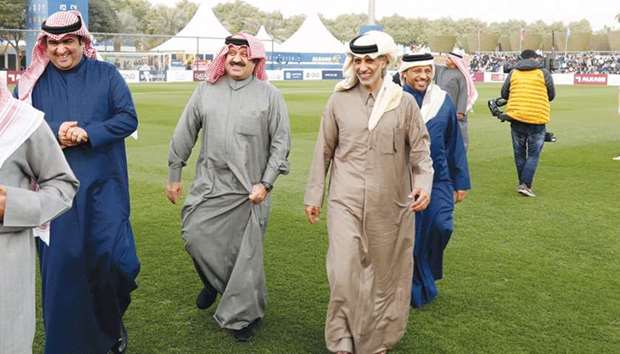 Qatar Football Association President Sheikh Hamad bin Khalifa bin Ahmed al-Thani with Khalid Nasser al-Roudan (left), Kuwaitu2019s Minister of Commerce and Industry and Minister of State for Youth Affairs, and Kuwait Football Association president Sheikh Ahmad al-Yousuf al-Sabah (second from left) at the opening of the Al Kass International Cup yesterday. PICTURE: Jayaram