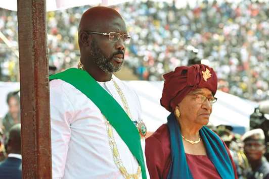 Liberiau2019s President George Weah and former president Ellen Johnson Sirleaf attend the swearing-in ceremony in Monrovia yesterday.