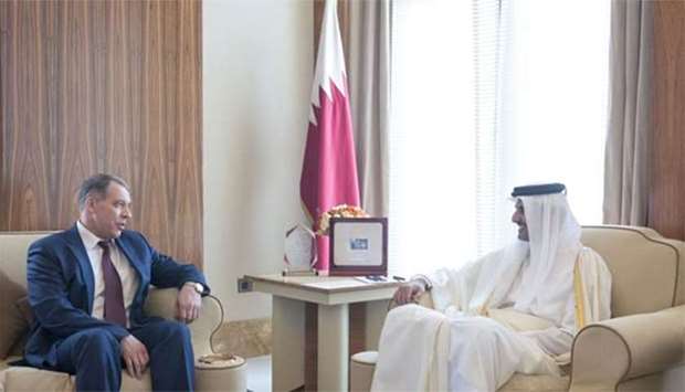 His Highness the Emir Sheikh Tamim bin Hamad al-Thani meets the new Secretary General of Gas Exporting Countries Forum, Yury Sentyurin, in Doha on Monday. 