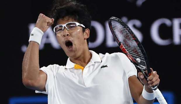 Chung Hyeon of South Korea reacts during his match against Novak Djokovic of Serbia.