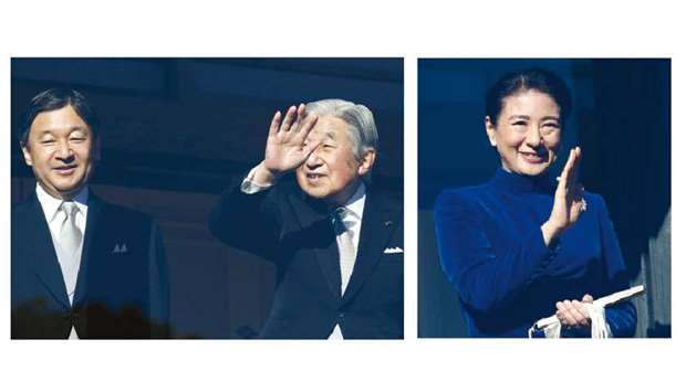 Japanu2019s Emperor Akihito (right) and Crown Prince Naruhito wave to well-wishers during a public appearance for New Year celebrations at the Imperial Palace in Tokyo, Japan, yesterday. Right: Japanu2019s Crown Princess Masako waves to well-wishers during a public appearance for New Year celebrations at the Imperial Palace in Tokyo, Japan.