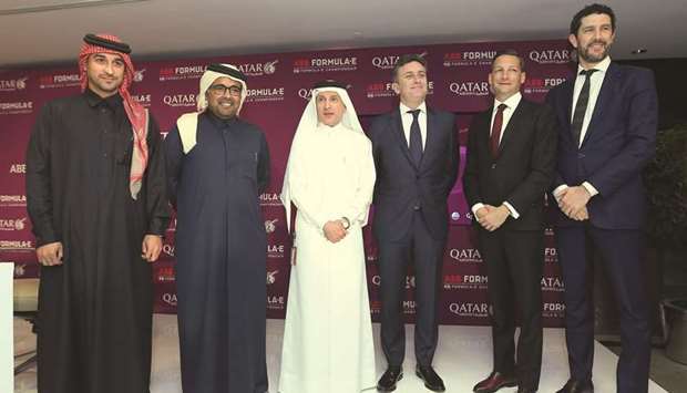 Qatar Airways Group Chief Executive Akbar al-Baker (centre), Qatar Motor and Motorcycling Federation President Abdulrahman al-Mannai (second left) and Chief Executive Officer of Formula-E Alejandro Agag (second right) during a press conference in Doha yesterday. PICTURES: Ramchand