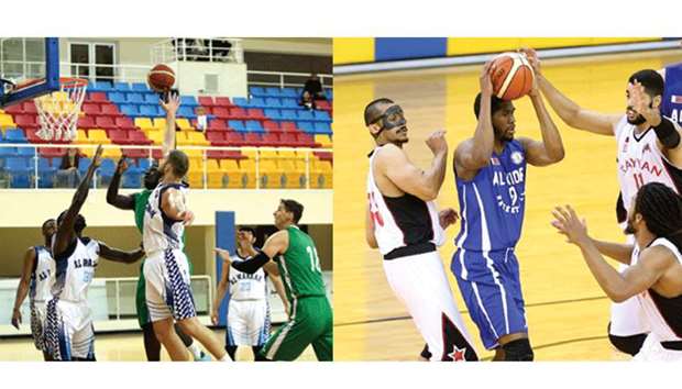 Al Wakrah (in blue and white) and Al Ahli players in action during their Qatar Basketball League match at the Al Gharafa Sports Club yesterday. Right: Action from Al Rayyan-Al Khor match.