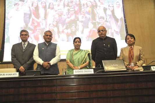 Indian External Affairs Minister Sushma Swaraj with dignitaries at the launch of the portal.