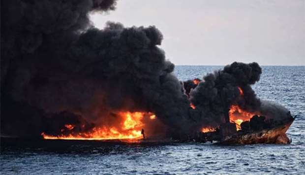 Smoke and flames are seen from the oil tanker Sanchi off the coast of eastern China earlier this month.