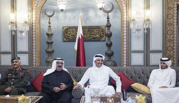 His Highness the Emir Sheikh Tamim bin Hamad al-Thani met Wednesday evening with Kuwaiti First Deputy Prime Minister and Defence Minister Sheikh Nasser Sabah al-Ahmad al-Sabah and his accompanying delegation, on the occasion of their visit to the country. At the outset of the meeting at Al Bahr Palace, the Emir exchanged greetings with the Kuwaiti Emir Sheikh Sabah al-Ahmad al-Jaber al-Sabah. The fraternal relations between the two countries and ways to consolidate and strengthen them were reviewed during the meeting. His Highness the Emir hosted a dinner banquet in honour of the Kuwaiti minister. The meeting and dinner banquet were attended by His Highness the Personal Representative of the Emir Sheikh Jassim bin Hamad al-Thani.